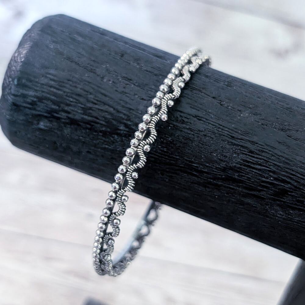 Vintage Bracelet Silver Tone Ornate Dual Row 7.75"